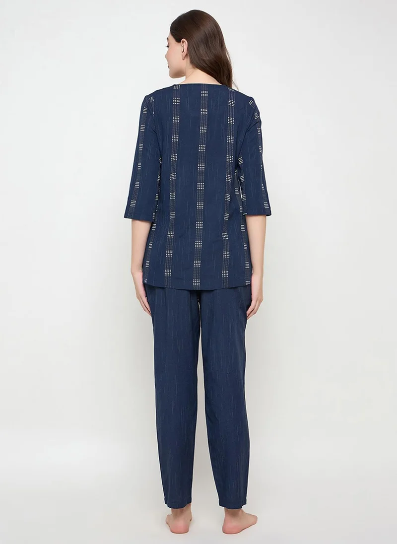 كلوفيا Clovia Printed Top & Pyjama Set in Navy - Cotton