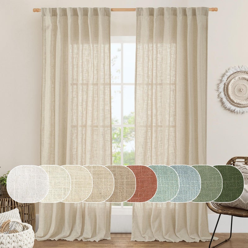 LAMIT Light Filtering Linen Curtains 84 inches Long for Bedroom, Faux Linen Textured Semi Sheer Back Tab and Rod Pocket Burlap Boho Modern Drapes for Living Room/Farmhouse, 2 Panels, 52 x 84 Inch - Image 1
