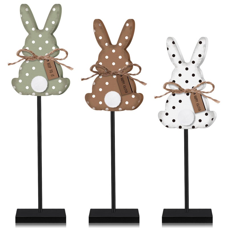 Burbell 3 Pcs Easter Bunny Table Decorations Wooden Bunny Tabletop Decor Rustic Rabbit Tall Standing Sign Block Farmhouse Spring Centerpiece Neutral Easter Decor for Home Mantel Office Desk(Dot) - Image 1