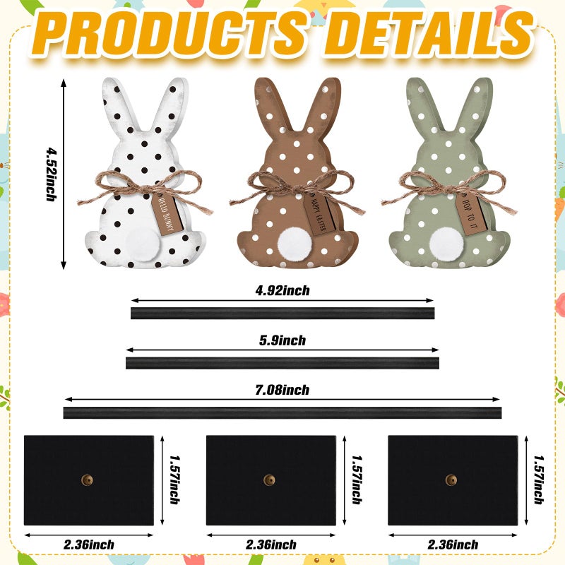 Burbell 3 Pcs Easter Bunny Table Decorations Wooden Bunny Tabletop Decor Rustic Rabbit Tall Standing Sign Block Farmhouse Spring Centerpiece Neutral Easter Decor for Home Mantel Office Desk(Dot) - Image 3