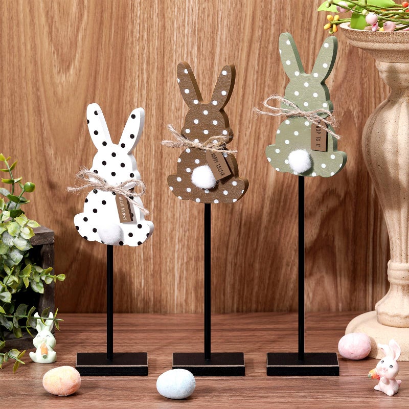 Burbell 3 Pcs Easter Bunny Table Decorations Wooden Bunny Tabletop Decor Rustic Rabbit Tall Standing Sign Block Farmhouse Spring Centerpiece Neutral Easter Decor for Home Mantel Office Desk(Dot) - Image 2