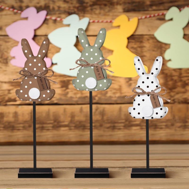 Burbell 3 Pcs Easter Bunny Table Decorations Wooden Bunny Tabletop Decor Rustic Rabbit Tall Standing Sign Block Farmhouse Spring Centerpiece Neutral Easter Decor for Home Mantel Office Desk(Dot) - Image 5