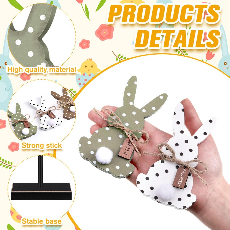 Burbell 3 Pcs Easter Bunny Table Decorations Wooden Bunny Tabletop Decor Rustic Rabbit Tall Standing Sign Block Farmhouse Spring Centerpiece Neutral Easter Decor for Home Mantel Office Desk(Dot) - Image 4