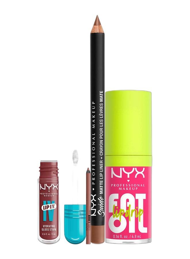NYX PROFESSIONAL MAKEUP Line Loud Lip Liner Ambition Statement & Suede Matte Lip Liner Soft-Spoken & Lip IV Hydrating Gloss Stain – Hydra-Honey & Fat Oil Lip Drip, Moisturizing, Shiny, Vegan Tinted Lip Gloss, Non-Sticky, 12H Hydration, Squalane, Raspberry & Cloudberry Oils - Bundle - Image 1