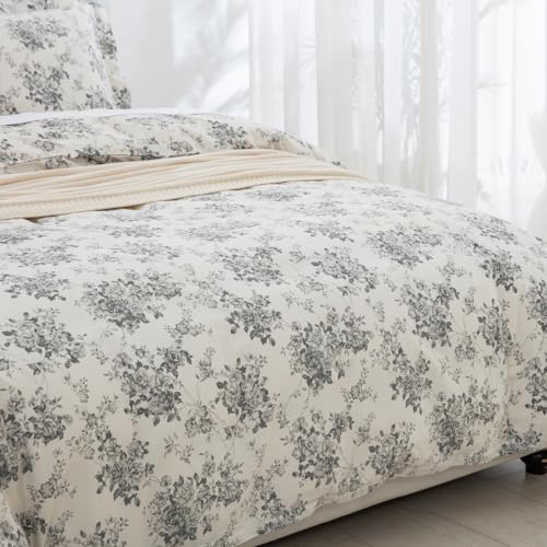 DAUAOTO California King 104"X96" Duvet Cover Set, 100% Cotton Print Bedding Cal King Bed, Toile Rose Floral Pattern, Gray - Image 3