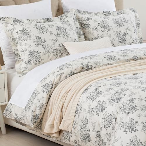 DAUAOTO California King 104"X96" Duvet Cover Set, 100% Cotton Print Bedding Cal King Bed, Toile Rose Floral Pattern, Gray - Image 2