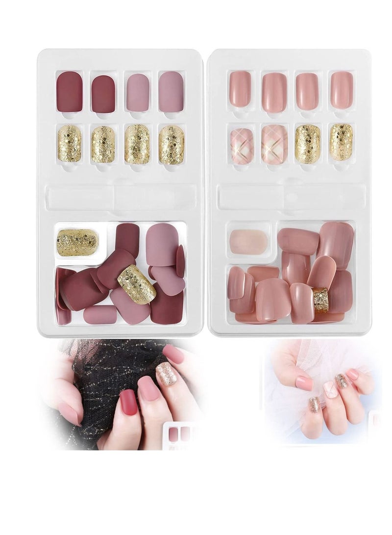 SYOSI Short Fingernails Tips Kit, False Nails Artificial Fake 60 Pieces 12 Sizes in 2 Boxes Full Cover with Files Stick for Art Salon DIY Decoration for Girl Women (Light Red, Pink) - Image 1