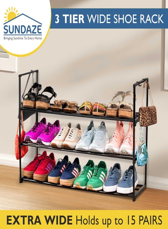 Sundaze Shoe Rack - 3 Tier Metal Shoe Rack for Front Door Entrance, Sturdy Long Shoe Organizer for Closet, Bedroom, Entryway, Garage, Black Metal Shoe Shelf, Holds Up to 15 Pairs - Image 2