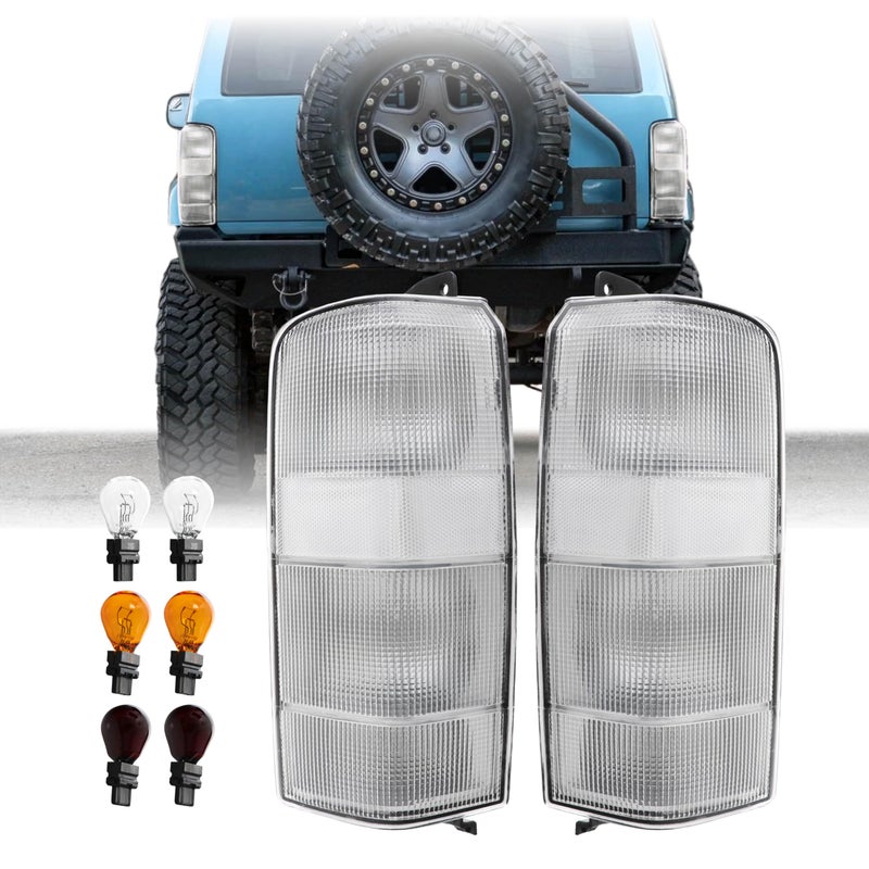USR 9701 Cherokee XJ Tail Light Rear Tail Lamps Assembly Left Right Pair Compatible with 19972001 Jeep Cherokee XJ SUV All ModelsTrims ALL CLEAR LENS TAIL LIGHTS with x6 BULBS