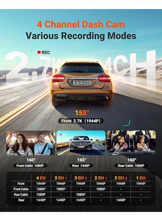 Vantrue N5S 4 Channel WiFi 360 Degree Dash Cam, STARVIS 2, IR Night Vision, 2.7K+1080P*2+1440P Front Rear Inside Dashcam, Voice Control, GPS, OTA Support, 24 Hours Parking Mode, Support 1TB Max - Image 4