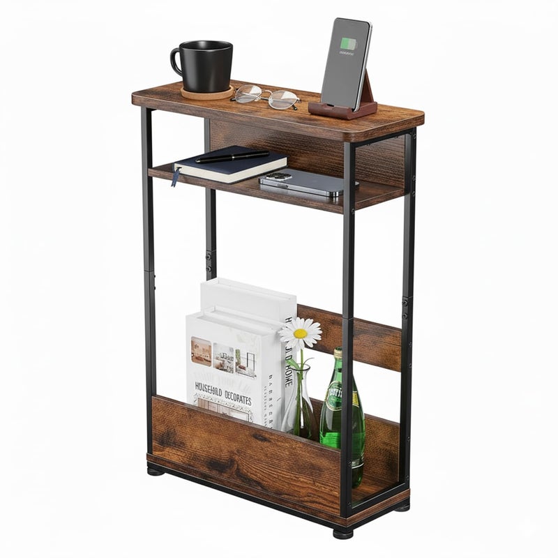 YEAKOO Vintage Narrow Side Table with Storage Shelf 3 Tier Slim End Table Modern Sofa Table for Narrow and Small Spaces 246 Inch Height Bedside Table Small Nightstand with Magazine Rack