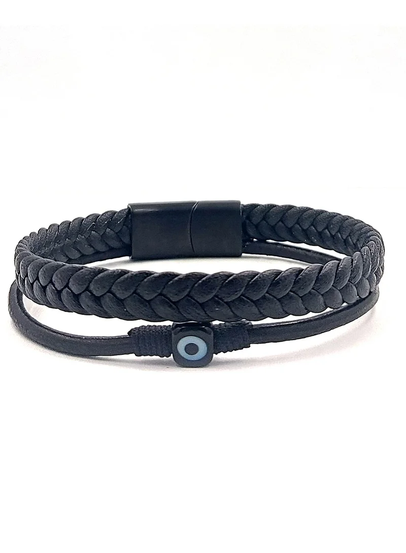 كريسوستوموس Handmade Double Leather Bracelet with Black Leather Braid