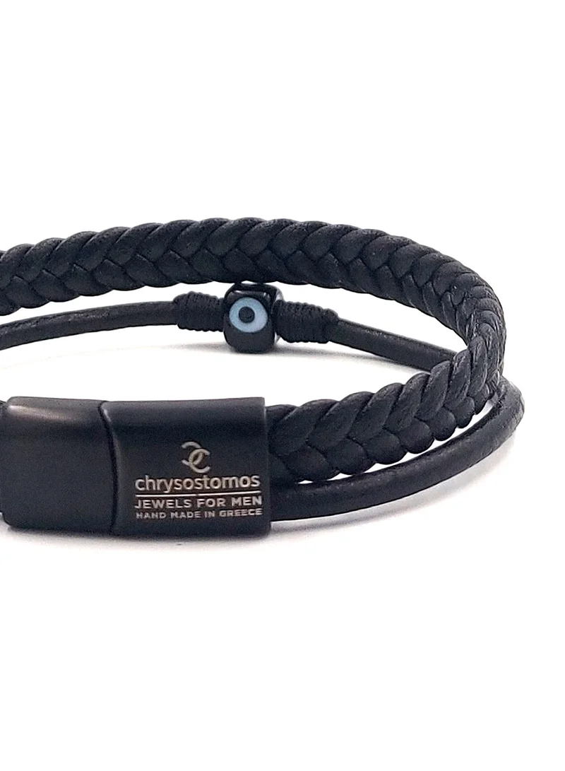 كريسوستوموس Handmade Double Leather Bracelet with Black Leather Braid