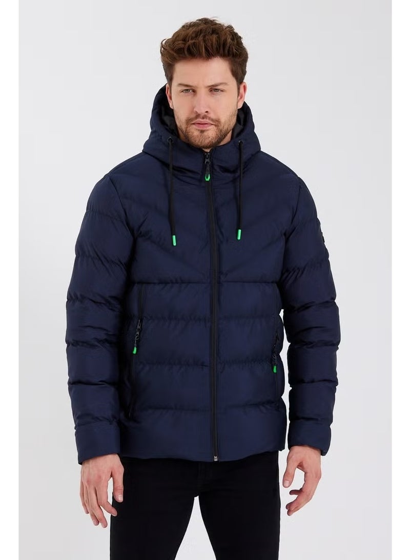 Sivaist New Season Men's Navy Blue Water and Windproof Hooded Thick Furry Puffer Coat & Jacket - Image 1