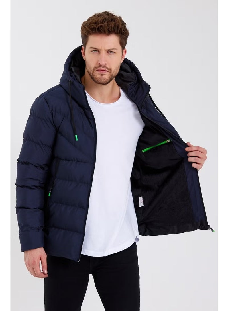 Sivaist New Season Men's Navy Blue Water and Windproof Hooded Thick Furry Puffer Coat & Jacket - Image 3