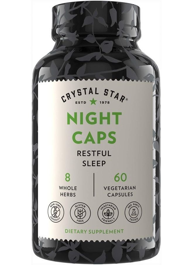 Crystal Star Night Caps Natural Sleep Aid Supplement (60 Capsules) – Herbal Non-Habit Forming Sleeping Pills – Valerian Root, Kava & Passion Flower – Non-GMO  - Image 1