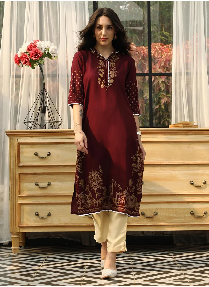 QISSA Women's Wine Red Chariot Print Kurta With Wine Red Trousers Set