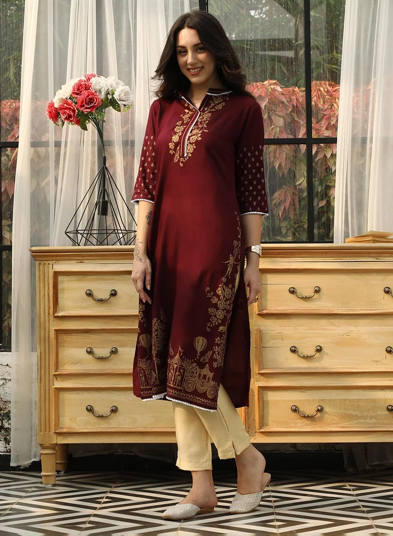  قصة Women's Wine Red Chariot Print Kurta With Wine Red Trousers Set