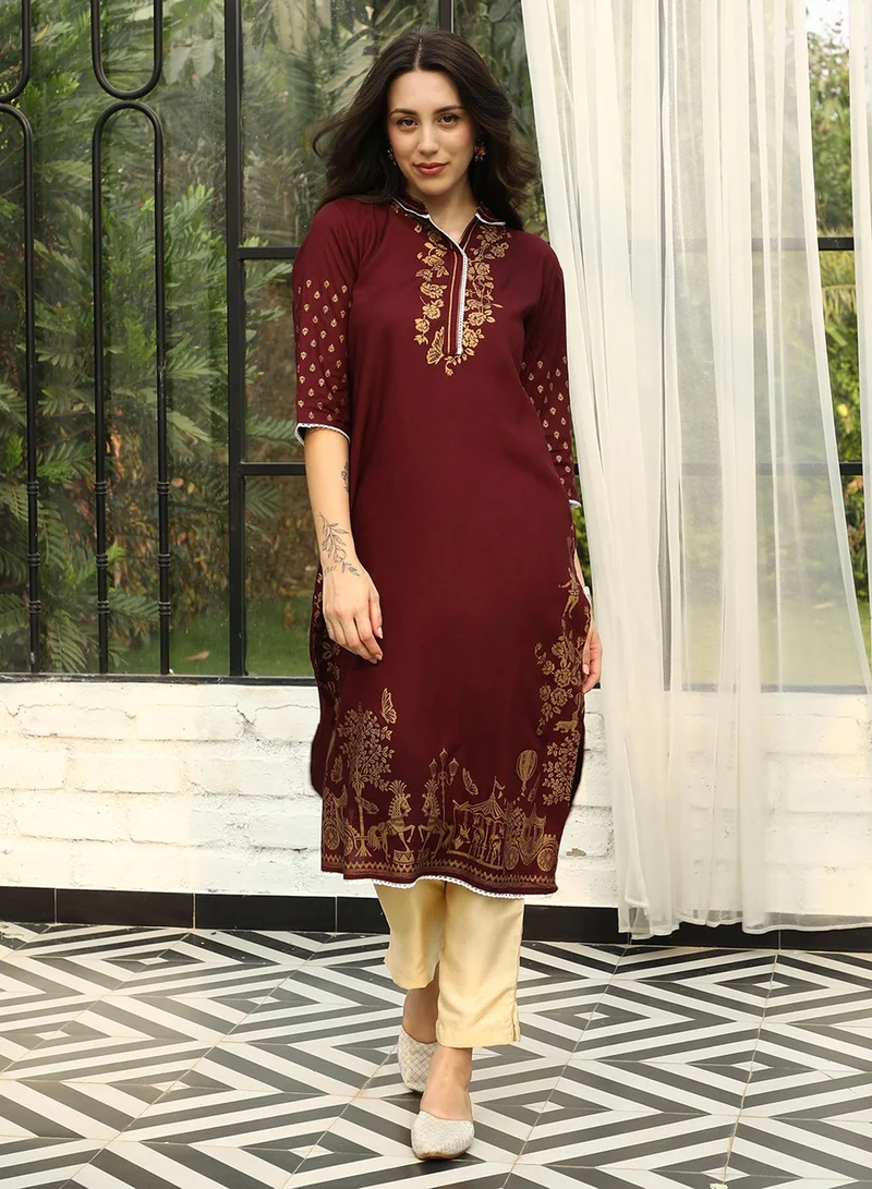  قصة Women's Wine Red Chariot Print Kurta With Wine Red Trousers Set