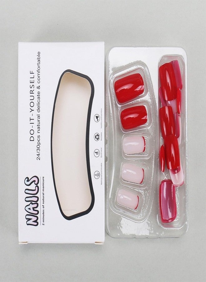 OFDNE French Tip Press on Nails Short Square OFDNE Rose Pink Fake Nails False Nails Solid Colour Full Cover Glossy Glue on Nails French Manicure Acrylic Nails for Women Girls 24Pcs - Image 4