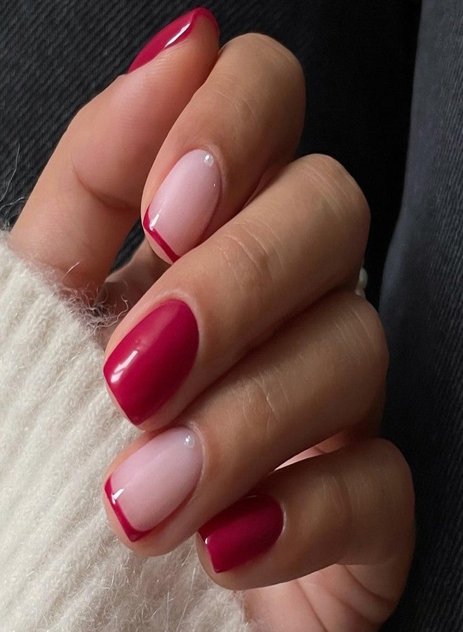 OFDNE French Tip Press on Nails Short Square OFDNE Rose Pink Fake Nails False Nails Solid Colour Full Cover Glossy Glue on Nails French Manicure Acrylic Nails for Women Girls 24Pcs - Image 1