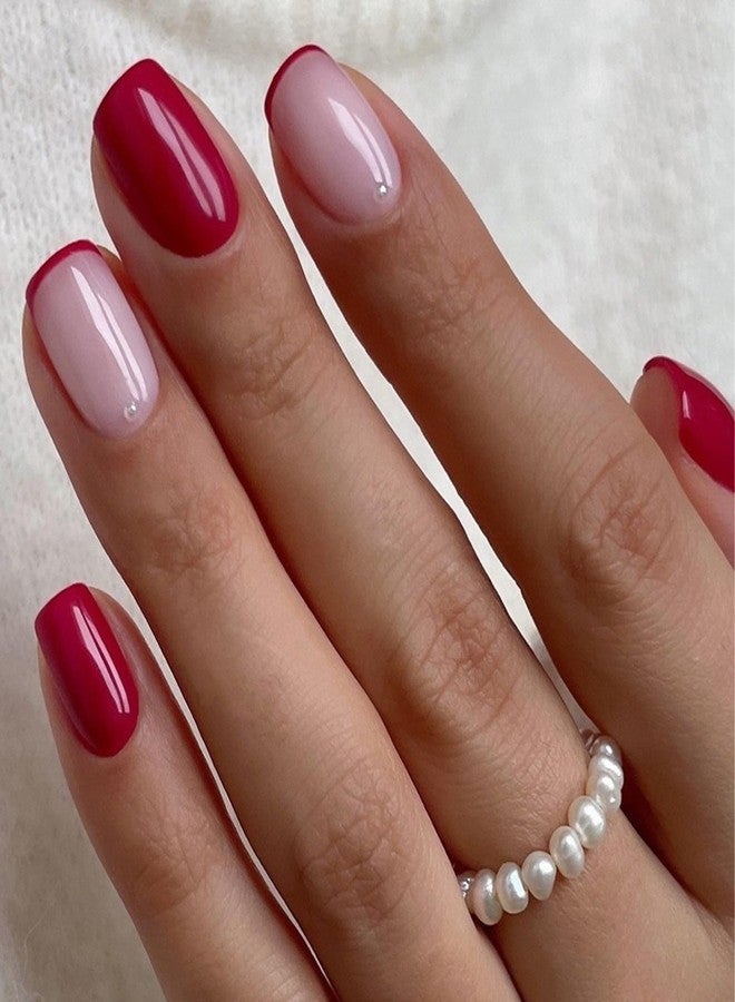 OFDNE French Tip Press on Nails Short Square OFDNE Rose Pink Fake Nails False Nails Solid Colour Full Cover Glossy Glue on Nails French Manicure Acrylic Nails for Women Girls 24Pcs - Image 3