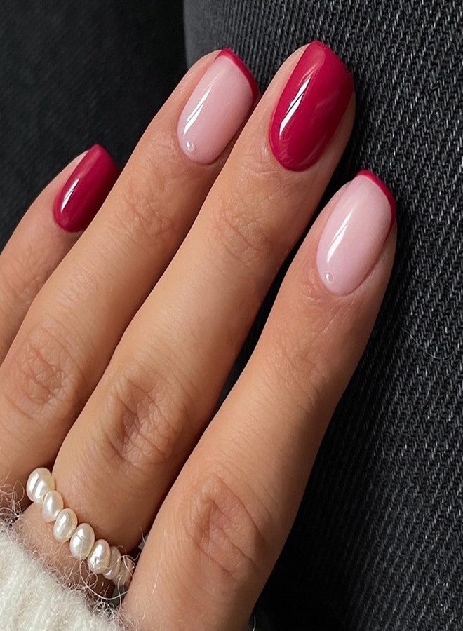 OFDNE French Tip Press on Nails Short Square OFDNE Rose Pink Fake Nails False Nails Solid Colour Full Cover Glossy Glue on Nails French Manicure Acrylic Nails for Women Girls 24Pcs - Image 2