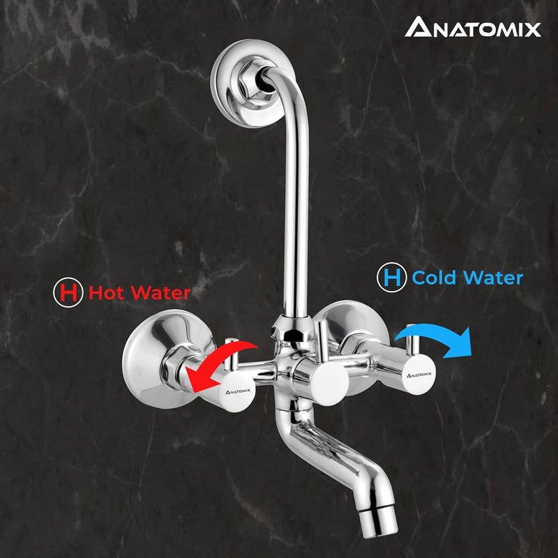 ANATOMIX Oreo Brass Wall Mixer for Bathroom with Stainless Steel 125mm Long LBend Provision for Overhead Shower Chrome Finish Bath Mixer System - Image 2
