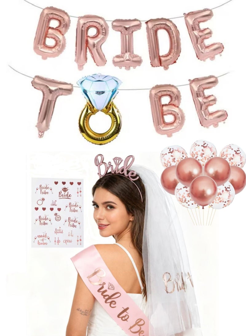 Bridal Shower Decorations Sets, Bachelorette Party Decorations Kit With Bride To Be Sash, Crown And Veil Set, Bride To Be Decorative Balloons, 10 Pcs 12'' Balloons with a Free Manual Air Pump, Bridal Wedding Veil - Image 1