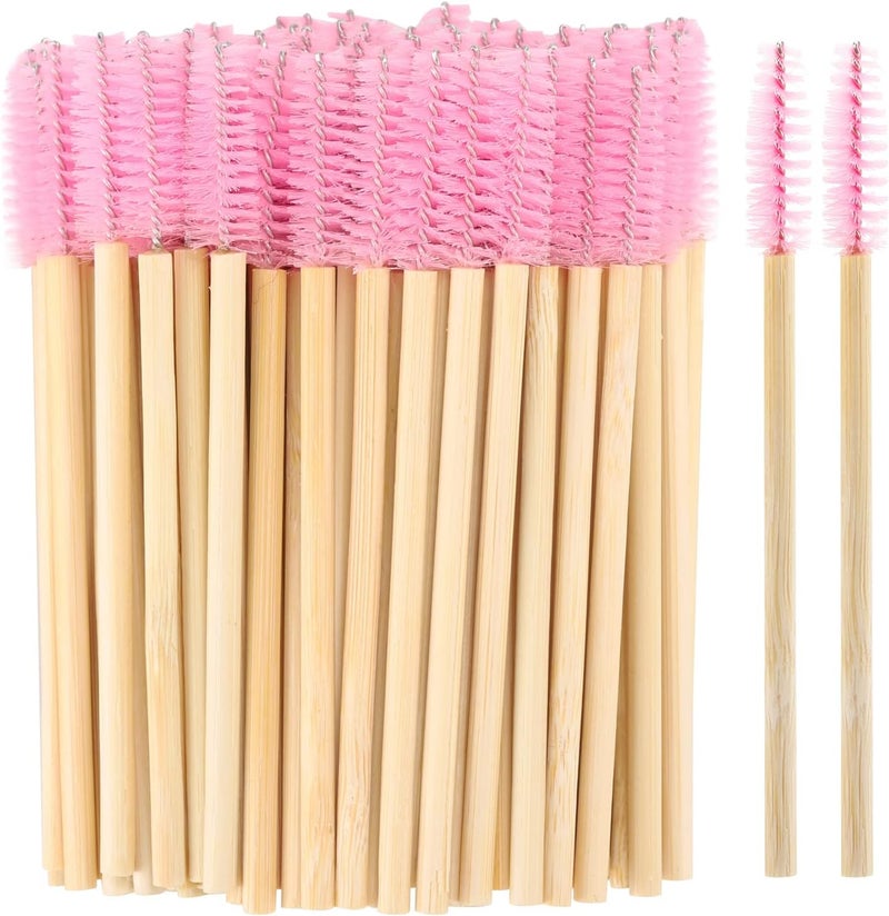 Tbestmax 100 Pcs Disposable Mascara Wands, Bamboo Spoolies Brush for Eyelash Extensions, Spooly Eyelash Eyebrow Brushes Lash Wand Applicator Makeup Kits, Pink - Image 1