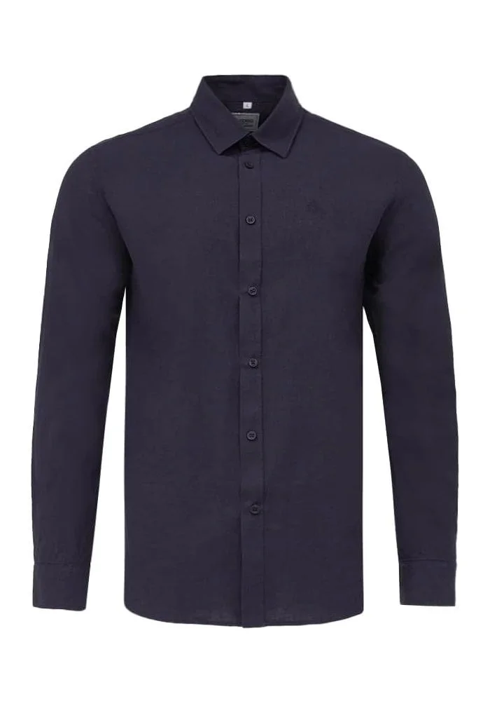 سيدرو Cedro Men's Navy Linen/Cotton Mix Long Sleeve Shirt