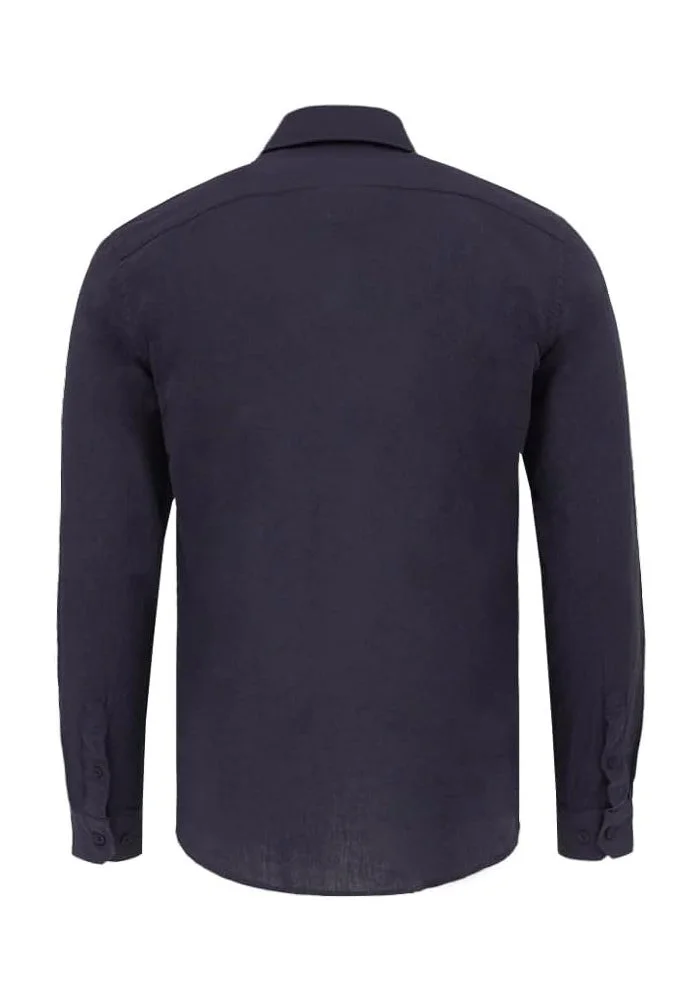 سيدرو Cedro Men's Navy Linen/Cotton Mix Long Sleeve Shirt