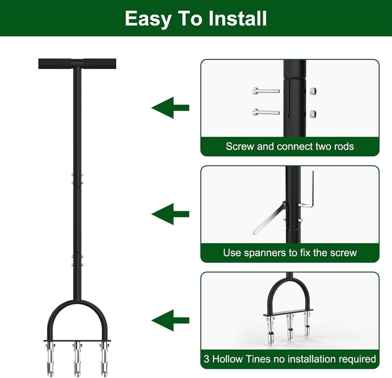 Qsxou Lawn Aerator Coring Tool, Aerator Lawn Tool with 3 Hollow Tines, Manual Core Aerator for Lawn Garden Care and Loosen Compacted Soil, Lawn Aeration, Garden Tool - Image 3