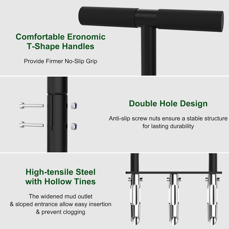 Qsxou Lawn Aerator Coring Tool, Aerator Lawn Tool with 3 Hollow Tines, Manual Core Aerator for Lawn Garden Care and Loosen Compacted Soil, Lawn Aeration, Garden Tool - Image 2