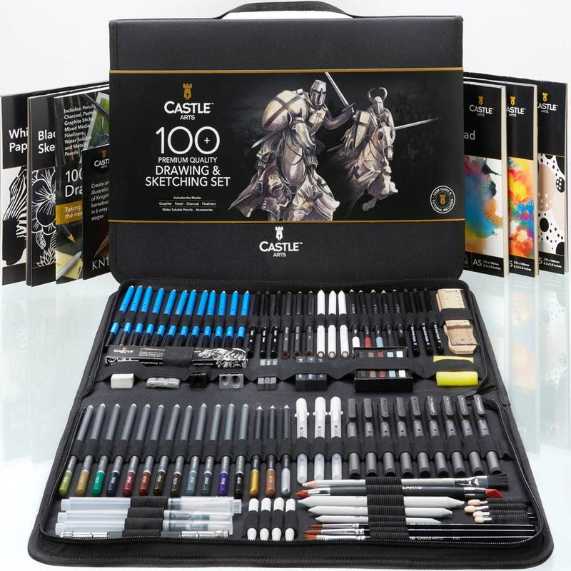 Castle Art Supplies 100 Piece Drawing & Sketching Set | Graphite, Charcoal, Pastel, Metallic Pencils + More for Professional and Adult Artists - Image 1