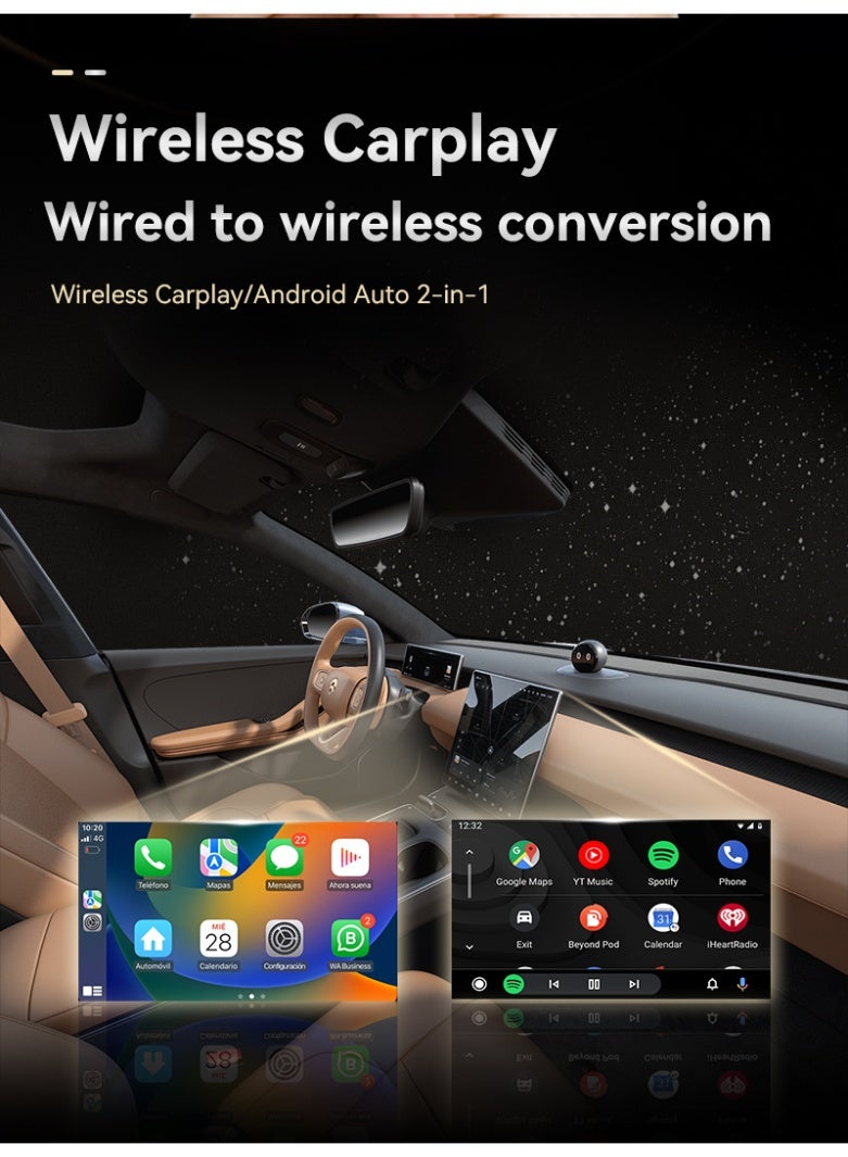 تونكي محول وايرلس 2 في 1 لـ CarPlay و Android Auto - بلوتوث 5.0 + واي فاي 5G، جهاز USB توصيل وتشغيل (فضي) للسيارات المزودة بنظام CarPlay سلكي - Image 5