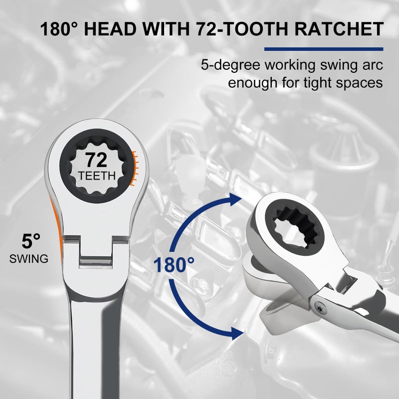 Egofine 10mm Ratchet Wrench Flex Head, Ratcheting Combination Wrench Metric, Industrial Grade Gear Spanner with 12 Point Box End, 72-Teeth Ratchet, Chrome Vanadium Steel - Image 4