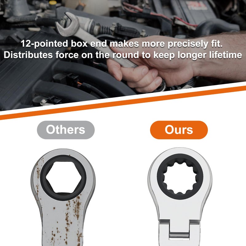 Egofine 10mm Ratchet Wrench Flex Head, Ratcheting Combination Wrench Metric, Industrial Grade Gear Spanner with 12 Point Box End, 72-Teeth Ratchet, Chrome Vanadium Steel - Image 5