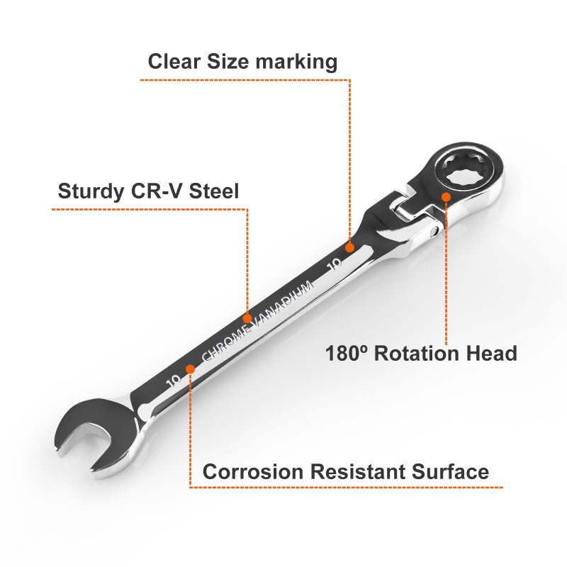 Egofine 10mm Ratchet Wrench Flex Head, Ratcheting Combination Wrench Metric, Industrial Grade Gear Spanner with 12 Point Box End, 72-Teeth Ratchet, Chrome Vanadium Steel - Image 2