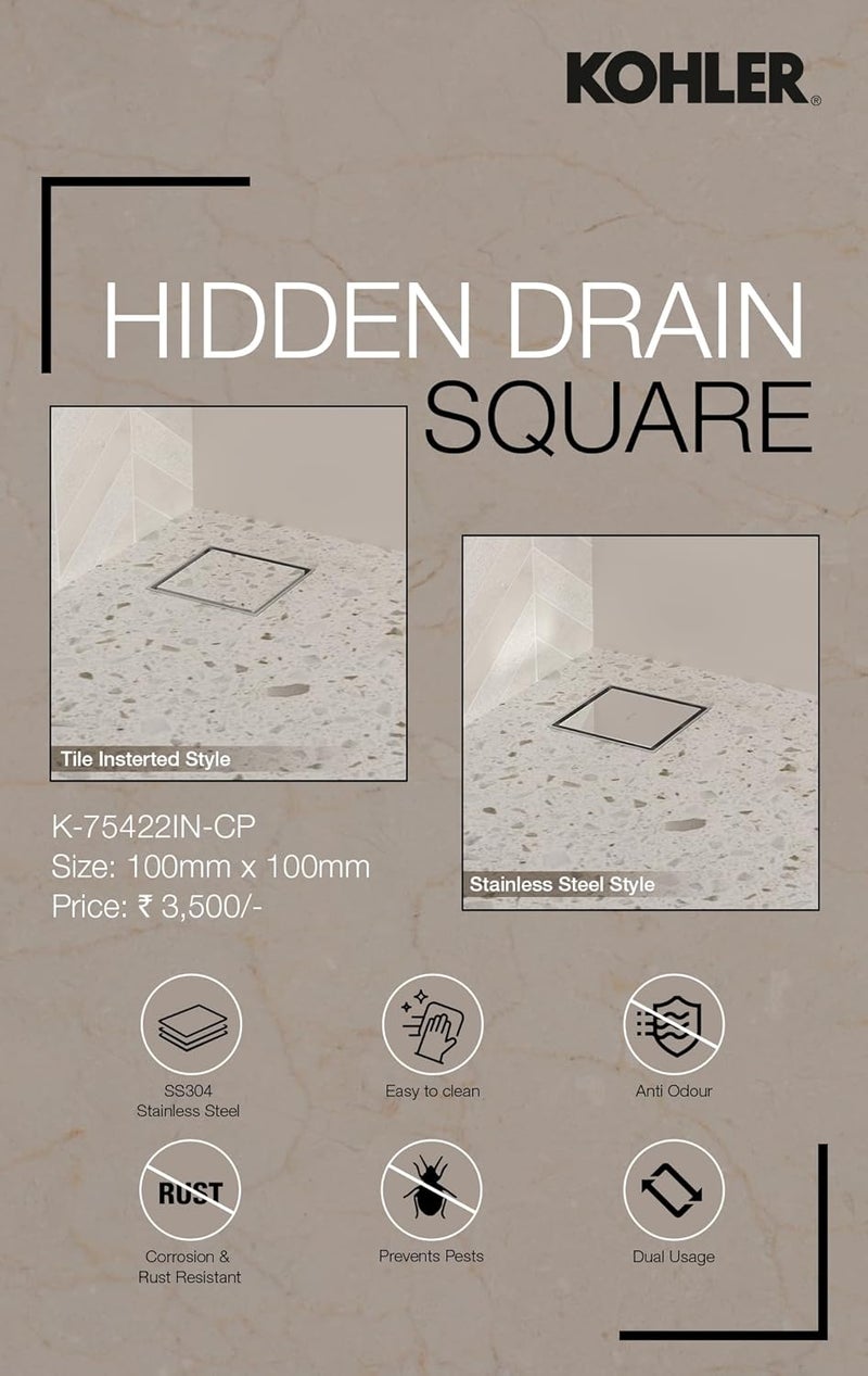 Kohler Hidden Floor Drain Square, SS304 Stainless Steel, Dual Usage (Tile Insert)10W x 8.2H Centimeters - Image 2