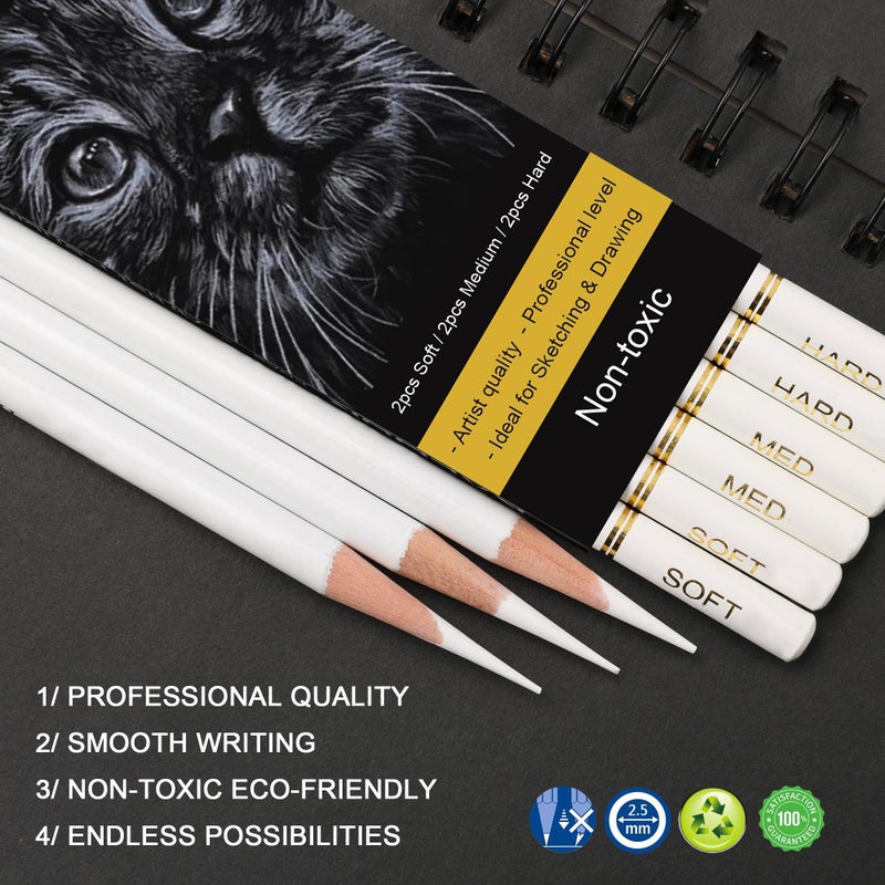KALOUR White Charcoal Pencils Drawing Set, Professional 6 Pieces White Sketch Pencils for Drawing, Sketching, Shading, Blending, Chalk for Beginners & Artists - Image 2