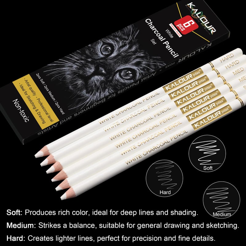 KALOUR White Charcoal Pencils Drawing Set, Professional 6 Pieces White Sketch Pencils for Drawing, Sketching, Shading, Blending, Chalk for Beginners & Artists - Image 3