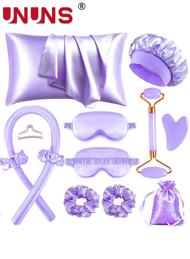 UNUNS 12Pcs Sleeping Hair Styling Tools Set,Curler And Facial Massager,1 Pillowcase,Heat-Free Curling Iron Set,Overnight Curler,1 Sleeping Soft Eye Mask,1 Storage Bag,Facial Roller Skin Care Tools for Women,Purple - Image 1