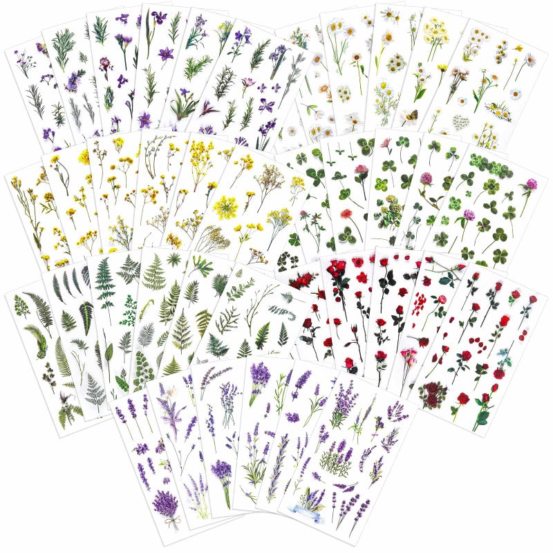 LoveBB 42 Sheets (600Pcs) Natural Flower Stickers for Scrapbooking, Floral Resin Stickers Decals Botanical Journaling Sticker for Junk Journal Bullet Planner Scrapbook Supplies - Image 1