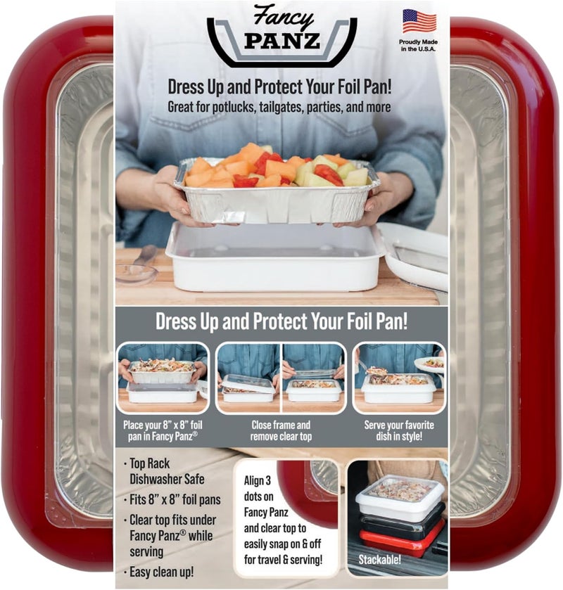 Fancy Panz - Red 8x8" Aluminum Foil Pan Carrier with Lid - Elevated Food Serving Tray - Portable & Insulated Casserole Carrier with Lid - Made in the USA Hosting Essentials - Image 1