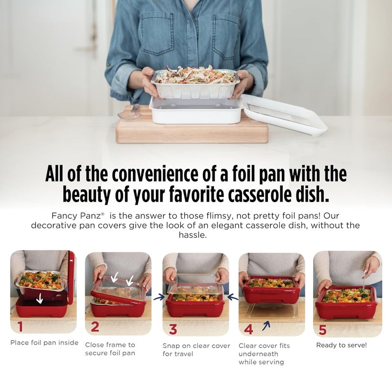 Fancy Panz - Red 8x8" Aluminum Foil Pan Carrier with Lid - Elevated Food Serving Tray - Portable & Insulated Casserole Carrier with Lid - Made in the USA Hosting Essentials - Image 2