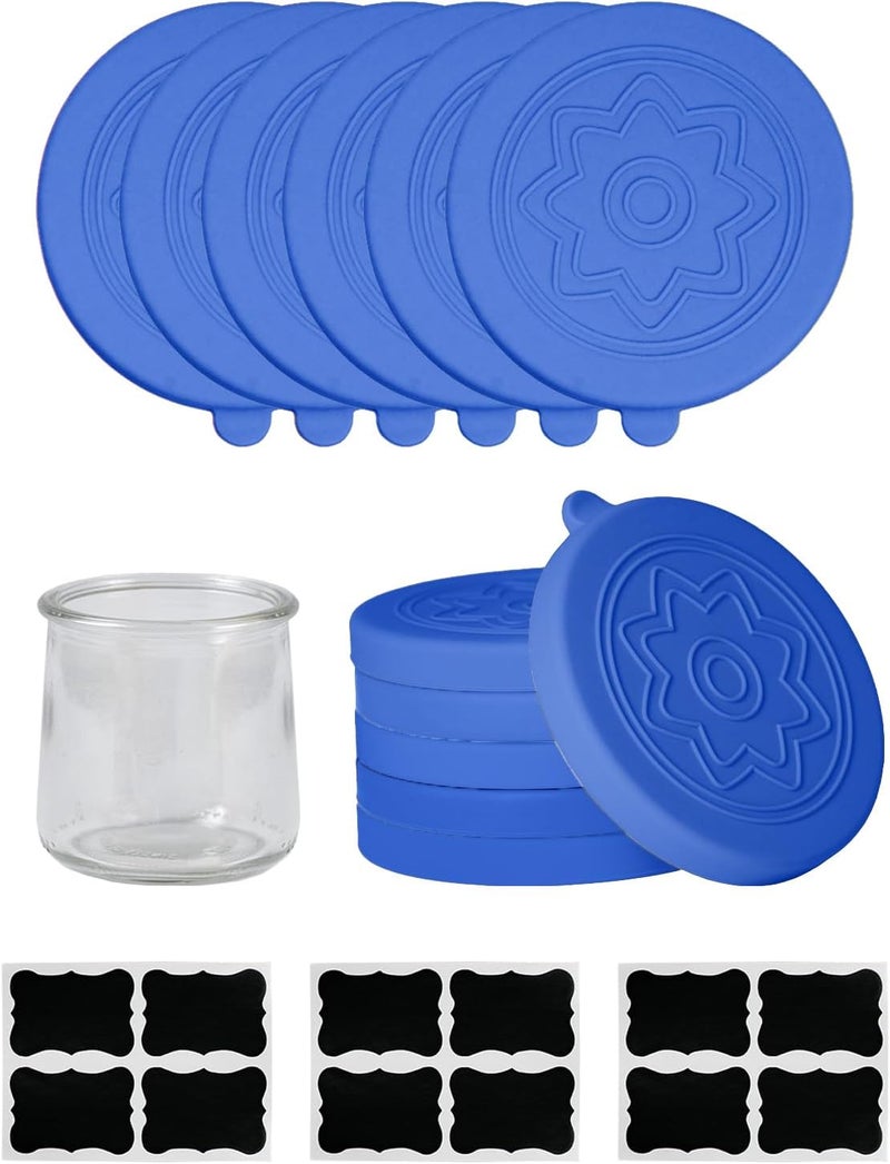 TERESRY 12 Pack Silicone Oui Yogurt Jar Lids with 8 Labels, Food-Grade Lids for 5Oz Oui Yogurt Jars, Reusable Silicone Canning Covers Perfect for Oui Yogurt Bottle, Blue(Jar not Includ) - Image 1