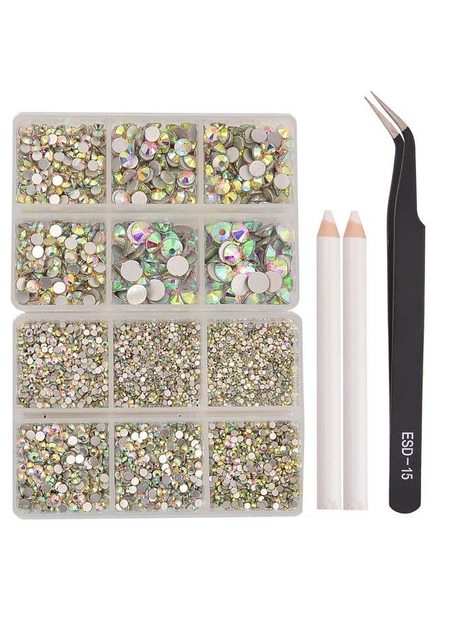 NCB 8000Pcs Non Hotfix Rhinestones 10 Sizes Flatback Crystal Glass Rhinestones With Tweezers And Picking Pen For Nail Art Clothes Bags Phone Decorations Crafts Diy (001Ab Crystal Ab Mix Ss3Ss30) - Image 2