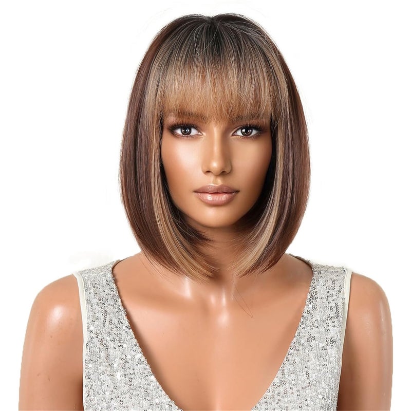 Aimole Honey Short Bob Straight Wig Ombre Brown With Light Brown Strips Wigs Dark Roots Synthetic Hair With Long Sclap of Middle Part for Daily Party