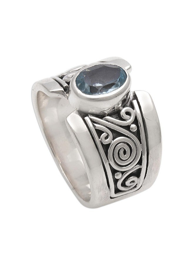 NOVICA Artisan Handmade .925 Sterling Silver Blue Topaz Single Stone Ring Artisan Crafted Wide With Indonesia Serenity Birthstone 'Blue Karma' - Image 1